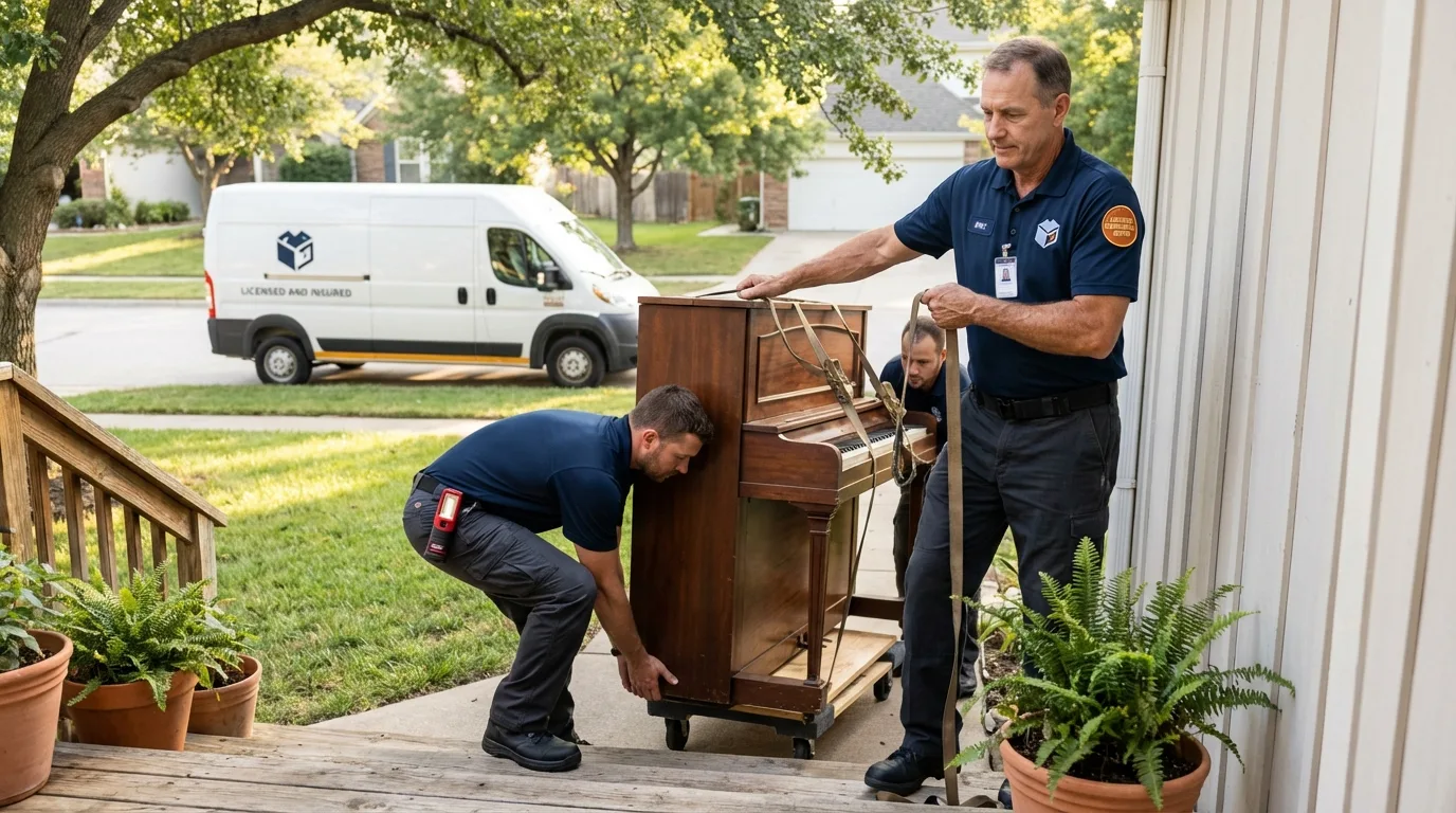Licensed piano movers securing grand piano in Adel, GA