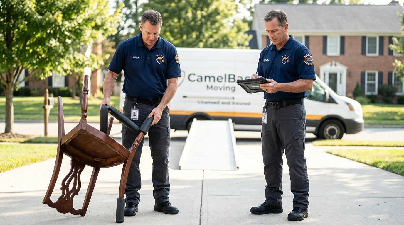 Movers inspecting furniture for damage prevention before loading in Adel, GA